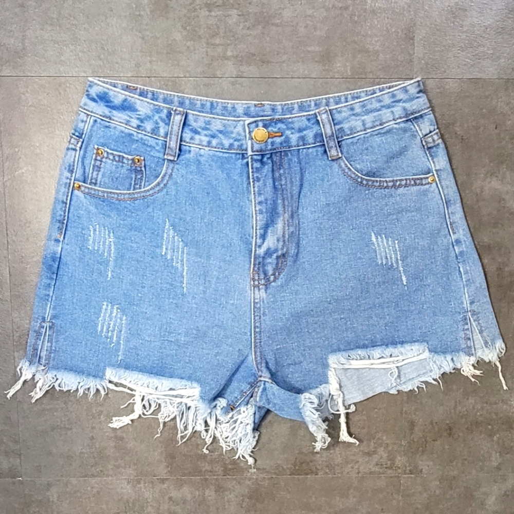 Palmer Heritage Distressed Ripped High Waist Jean Shorts Women's Size Large, NWT